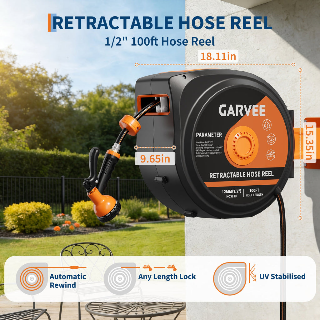 Garvee 100ft Retractable Garden Hose Reel, 1/2" Wall Mounted Hose Reel with Auto Rewind, Any-Length Lock, 180° Swivel Bracket, 10-Pattern Nozzle, Heavy Duty Outdoor Hose Storage