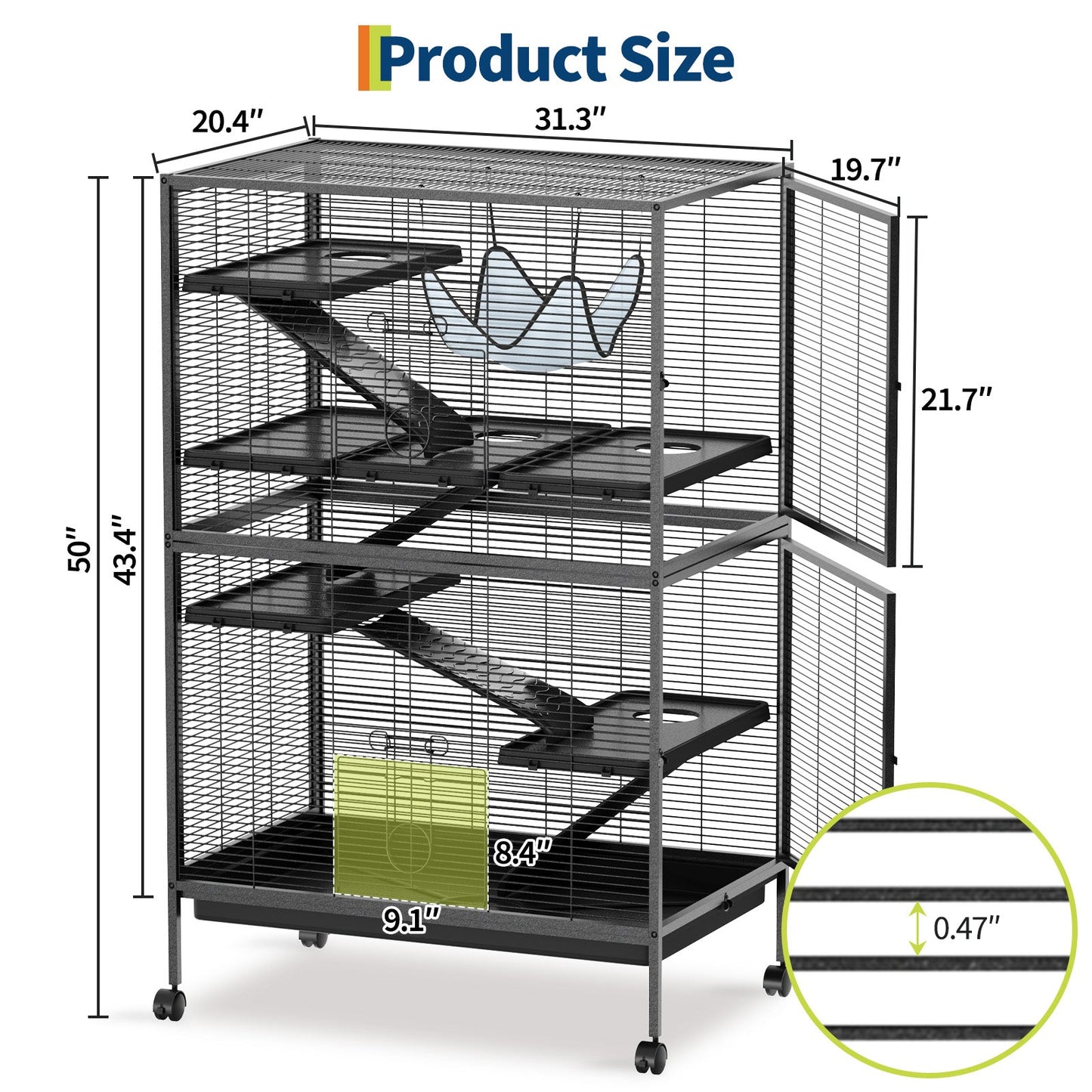 Garvee 50"H Ferret Cage, Multi-Level Small Animal Cage on Wheels, 6 Removable Platforms & Hammock, 5 Ramps & Hammock, Ideal for Guinea Pigs, Rabbit, Sugar Glider & Small Animals