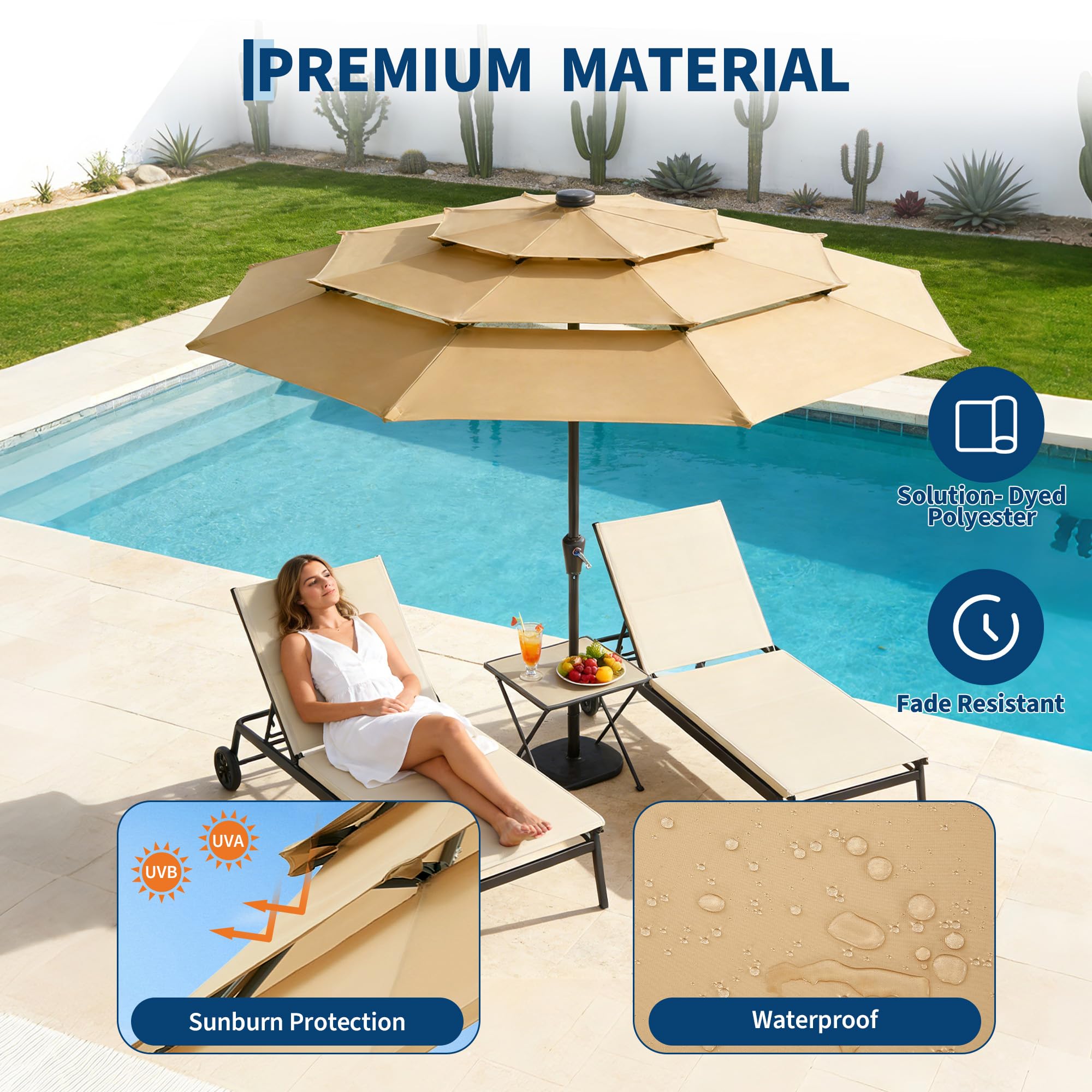 Garvee 10 FT Solar Patio Umbrella, 3-Tier Vented Canopy with 24 LED Lights, 8-Rib Steel Frame, Crank Tilt Market Umbrella for Garden, Pool & Deck, Khaki