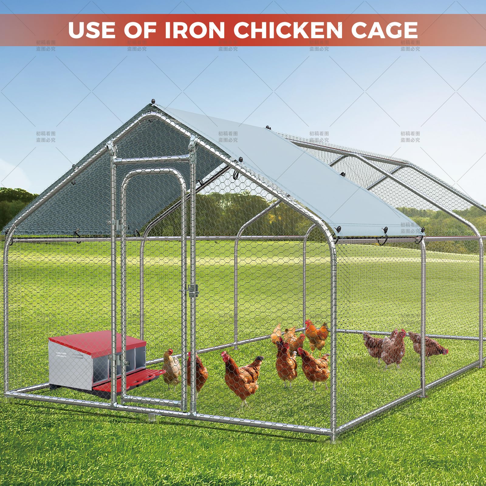 Garvee 4-Hole Metal Chicken Nesting Boxes for Chicken Coop, Roll Away Poultry Laying Box with Sloped Anti-Perch Roof, Removable Trays with Protective Flip Covers for Clean Automatic Egg Collection, Red & Silver (41.7" L x 18.9" W x 18.5" H)