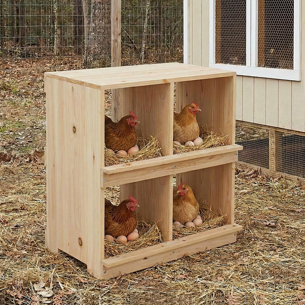 Garvee Double Deck Wooden Chicken Nesting Box – Four Compartments, Roll-Away Egg Collection, Insulated Sunproof, Wall-Mounted or Floor-Standing, Perch, Ideal for Poultry Coops and Farms, 4-Compartment Double Layer