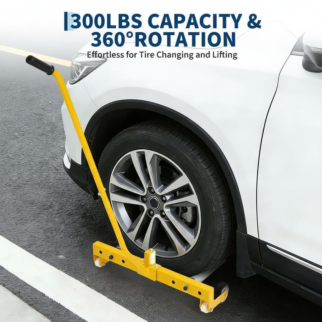 Garvee Heavy Duty Adjustable Tire Wheel Dolly – 330lbs Capacity, 23.5"-43.5" Width, 8in 360° Rollers – For Semi Truck, SUV, ATV, RV, Trailer – Industrial Tire Lifter Cart – Yellow