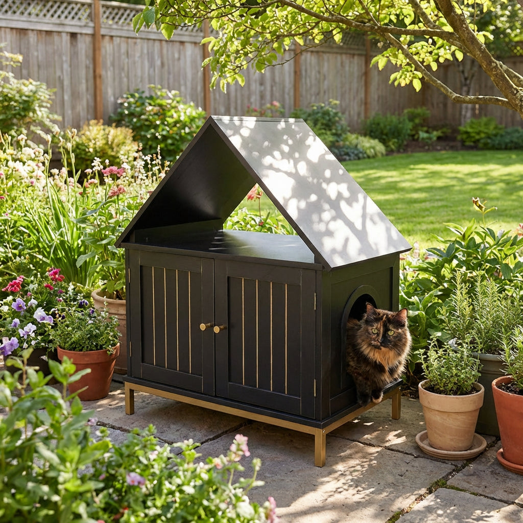 Garvee Cat Litter Box Enclosure, Wooden Litter Box Furniture Hidden, Modern Cat Washroom Furniture with Barn Door, Indoor Cat House, End Table, Fit Most of Litter Box