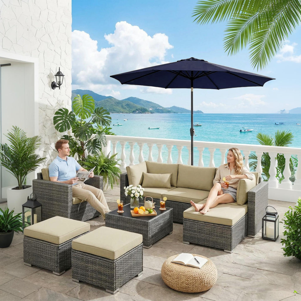 Garvee 9FT Outdoor Patio Umbrella, Navy Blue Market Table Umbrella with Push Button Tilt, Crank Lift, 8 Sturdy Ribs, UV-Resistant Waterproof Sun Shade for Garden, Backyard, Deck & Pool