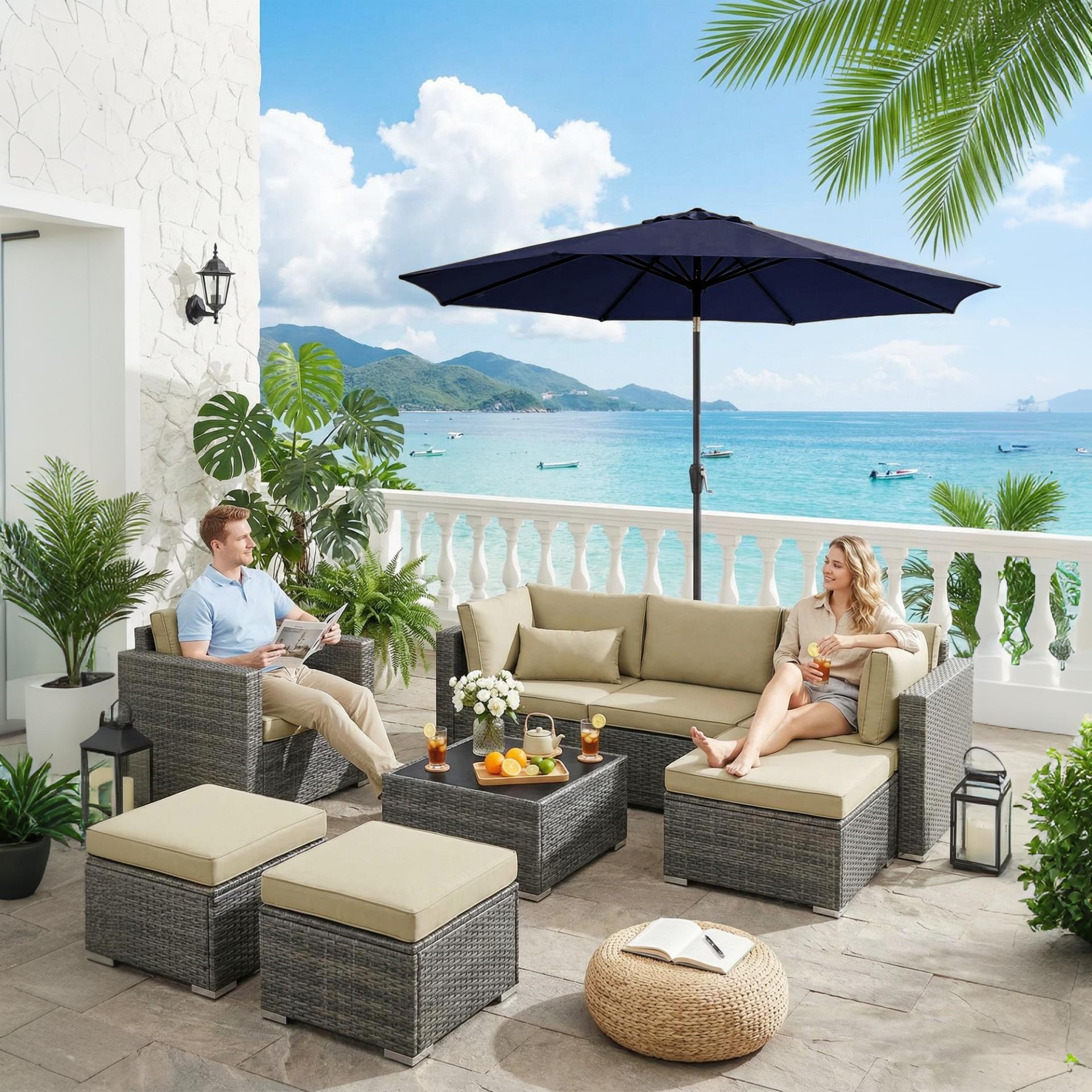Garvee 9FT Outdoor Patio Umbrella, Navy Blue Market Table Umbrella with Push Button Tilt, Crank Lift, 8 Sturdy Ribs, UV-Resistant Waterproof Sun Shade for Garden, Backyard, Deck & Pool