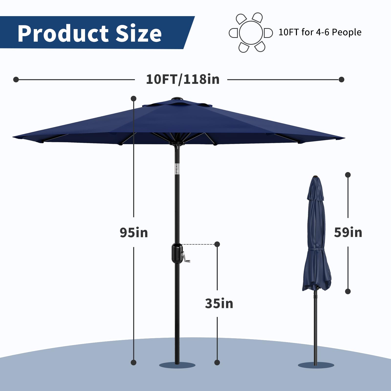 Garvee 10' Patio Table Umbrella, 120" UV-Resistant Polyester Market Umbrella with Crank Lift, Push Button Tilt & 8 Ribs for Pool, Deck, Garden & Backyard, Navy Blue