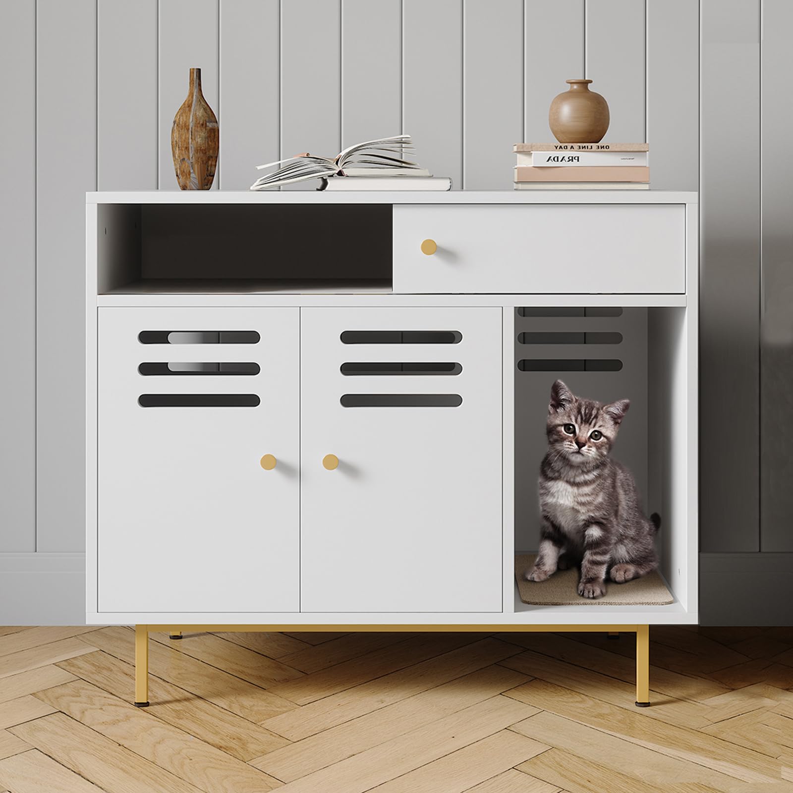 Garvee Modern Cat Litter Box Enclosure Furniture – Hidden Storage, Barn Door, Drawers & Shelves, Ventilated, Dog Proof, Cat Washroom Side Table – Fits Most Litter Boxes – White