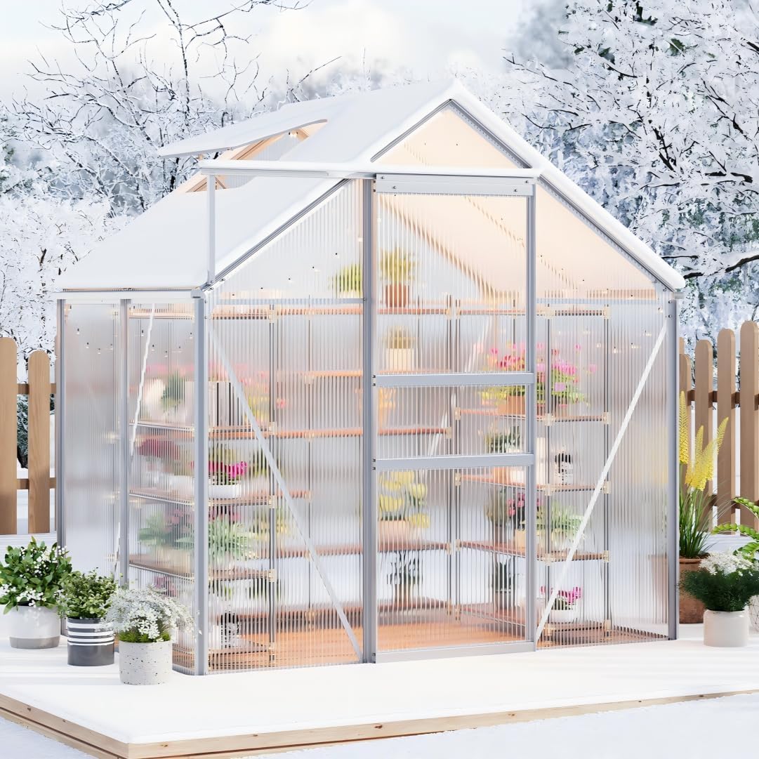 Garvee 6 x 4 FT Polycarbonate Greenhouse with Aluminum Frame, Sliding Door & Adjustable Roof Vent, Heavy-Duty Outdoor Greenhouse for Backyard, Garden, Patio