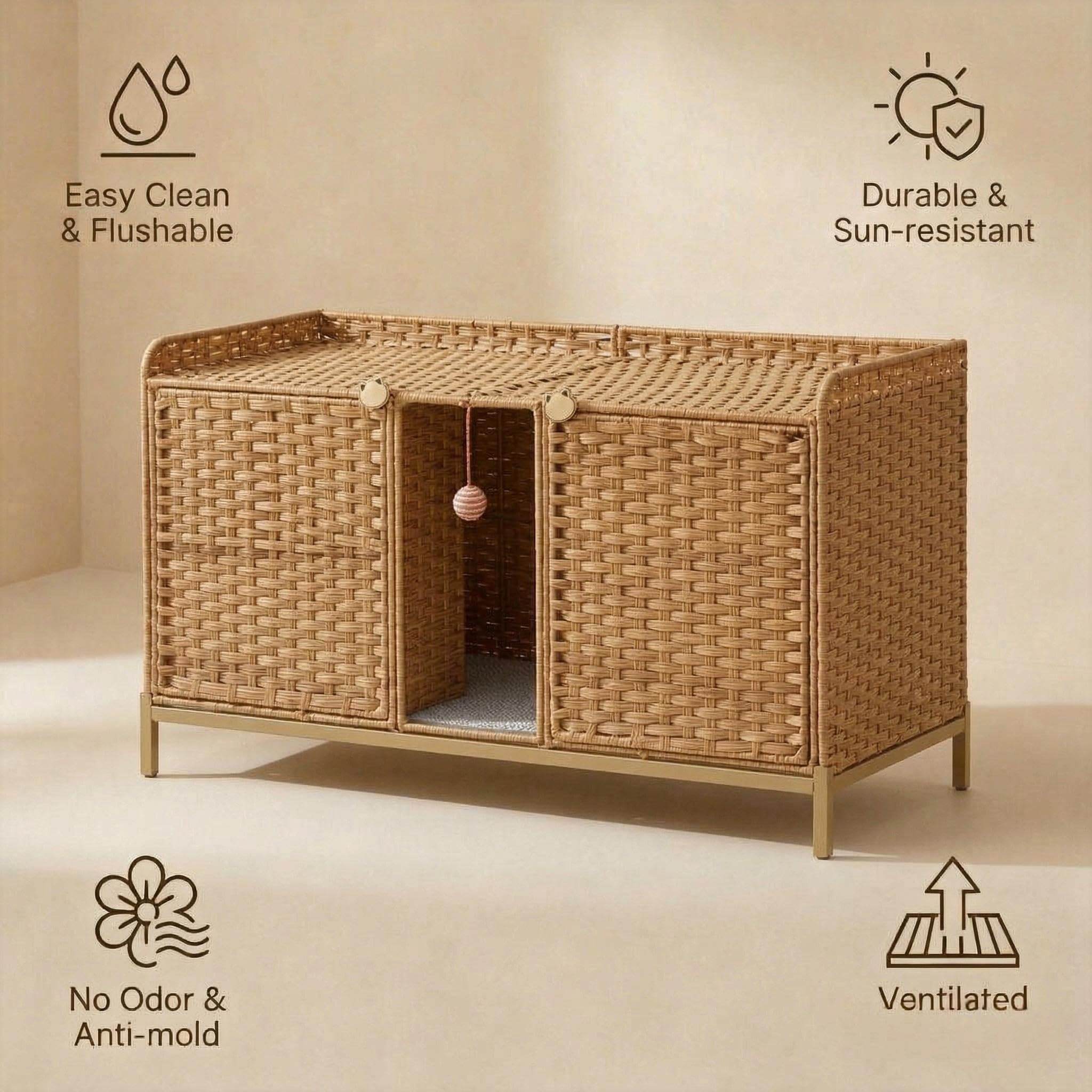 Garvee Handwoven Rattan Cat Litter Box Enclosure - Hidden Cat Washroom Cabinet with Door & S-Shaped Hooks - Large Spacious Cat Furniture for Living Room or Bedroom - Natural Color