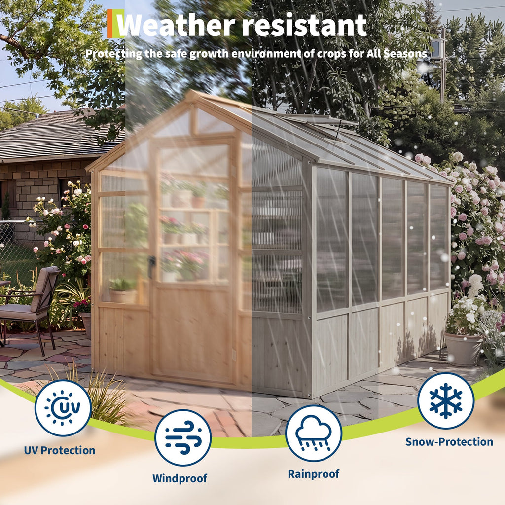 Garvee 6' x 10' Wooden Walk-In Greenhouse Kit, Outdoor Green House with Natural Spruce Wood Frame, Polycarbonate Panels, Ventilated Windows & Lockable Door for Garden, Backyard, Patio & Lawn