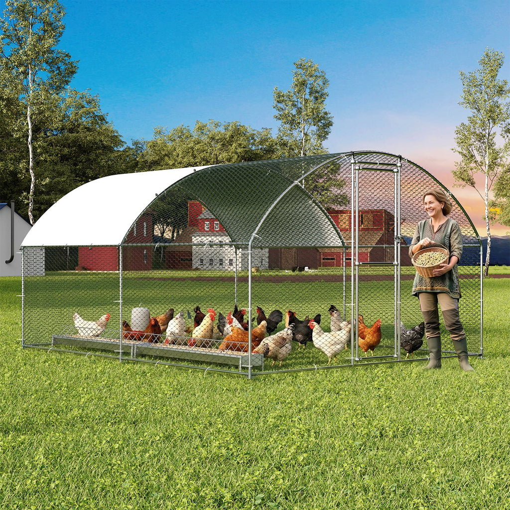 Garvee 13x10ft Large Metal Chicken Coop – Walk-In Poultry Cage with Waterproof Anti-UV Cover, Silver