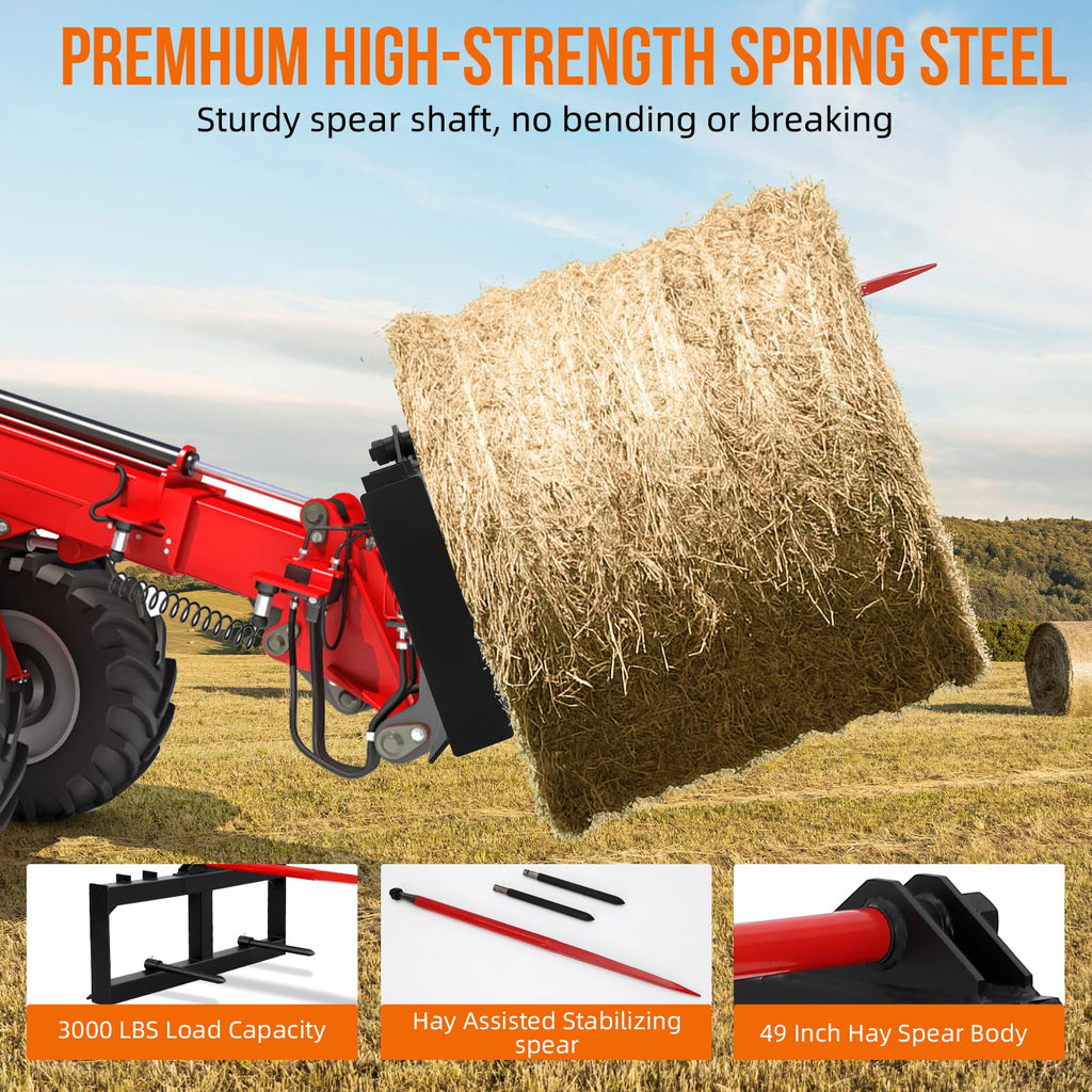 Garvee 49" Hay Spear Attachment, Bale Spears 3000lbs Loading Capacity, Quick Attach for Bobcat Tractors & Skid Steer Loader with 1pc 49" Red Hay Spear & 2pcs 17" Black Stabilizer Spears Spike Fork Tine