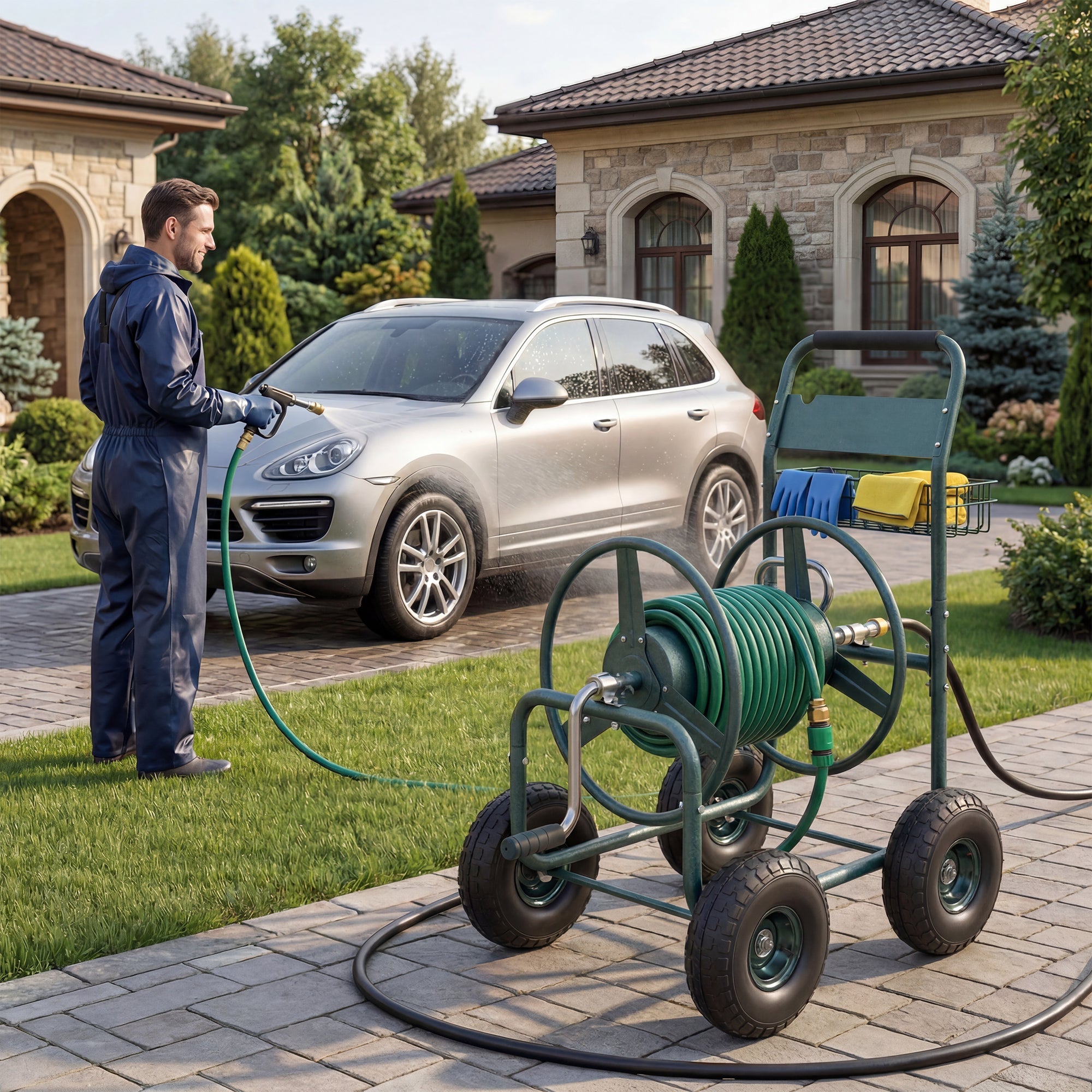 Garvee Garden Hose Reel Cart, 300 FT Capacity, 4 Pneumatic Wheels, 32" × 24" × 38.2" Steel Cart with Storage Basket for Large Yards, Green
