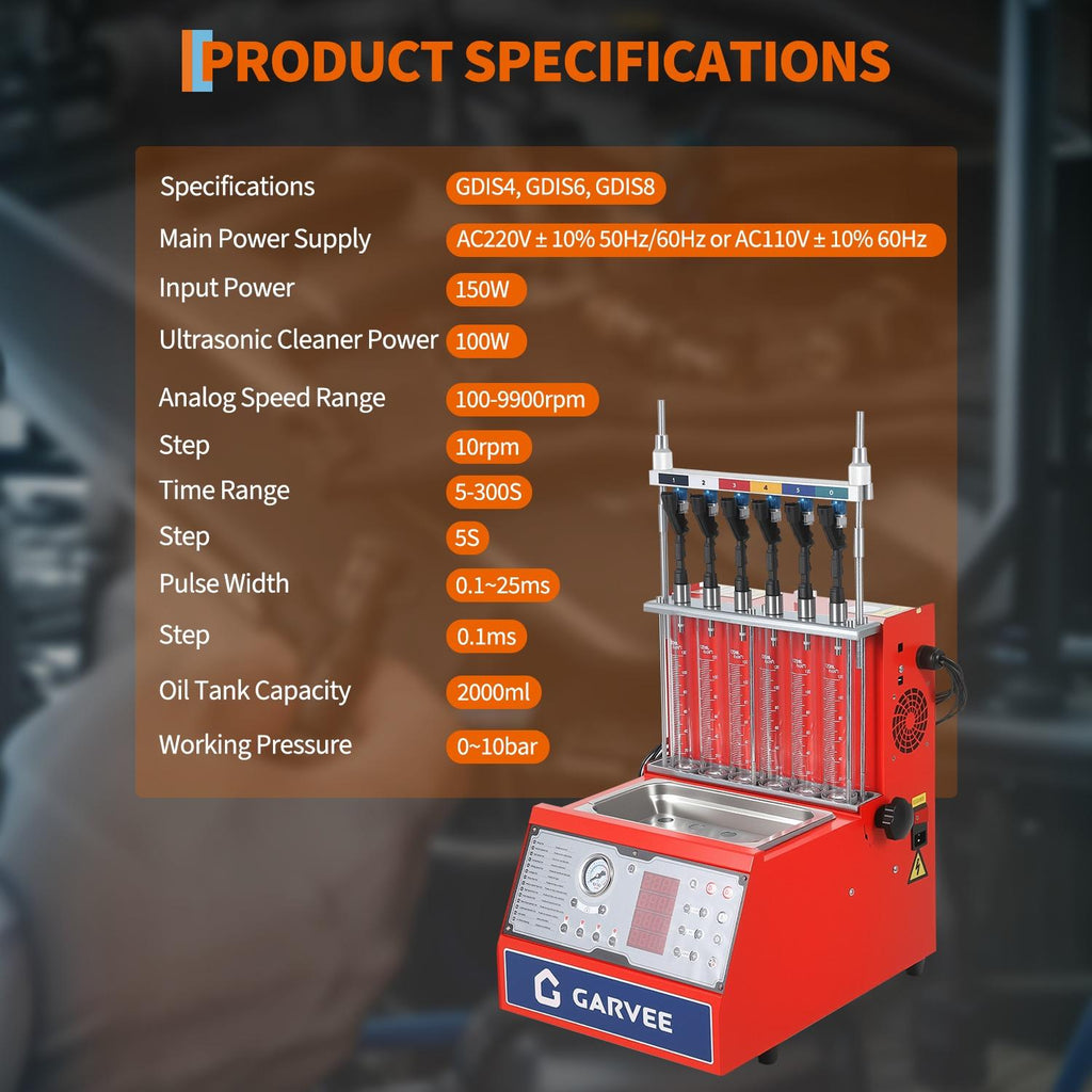 Garvee Fuel Injector Tester & Cleaner, 3-in-1 100W Ultrasonic, Resistance/Flow/Pulse Test, Adjustable 0.1-25ms Pulse Width, for 6 Cylinder Gasoline Engines, Auto Repair Tool