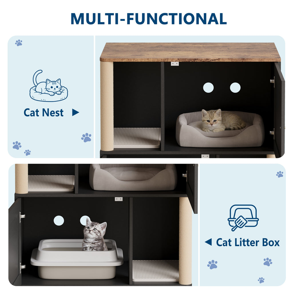 Garvee Double Cat Litter Box Enclosure Furniture for 2 Cats – 2-Tier Modern Wooden Cabinet with Hidden Litter, Sisal Marking Posts, Dual Mats, Odor Control, End Table Storage – Grooved Black Door
