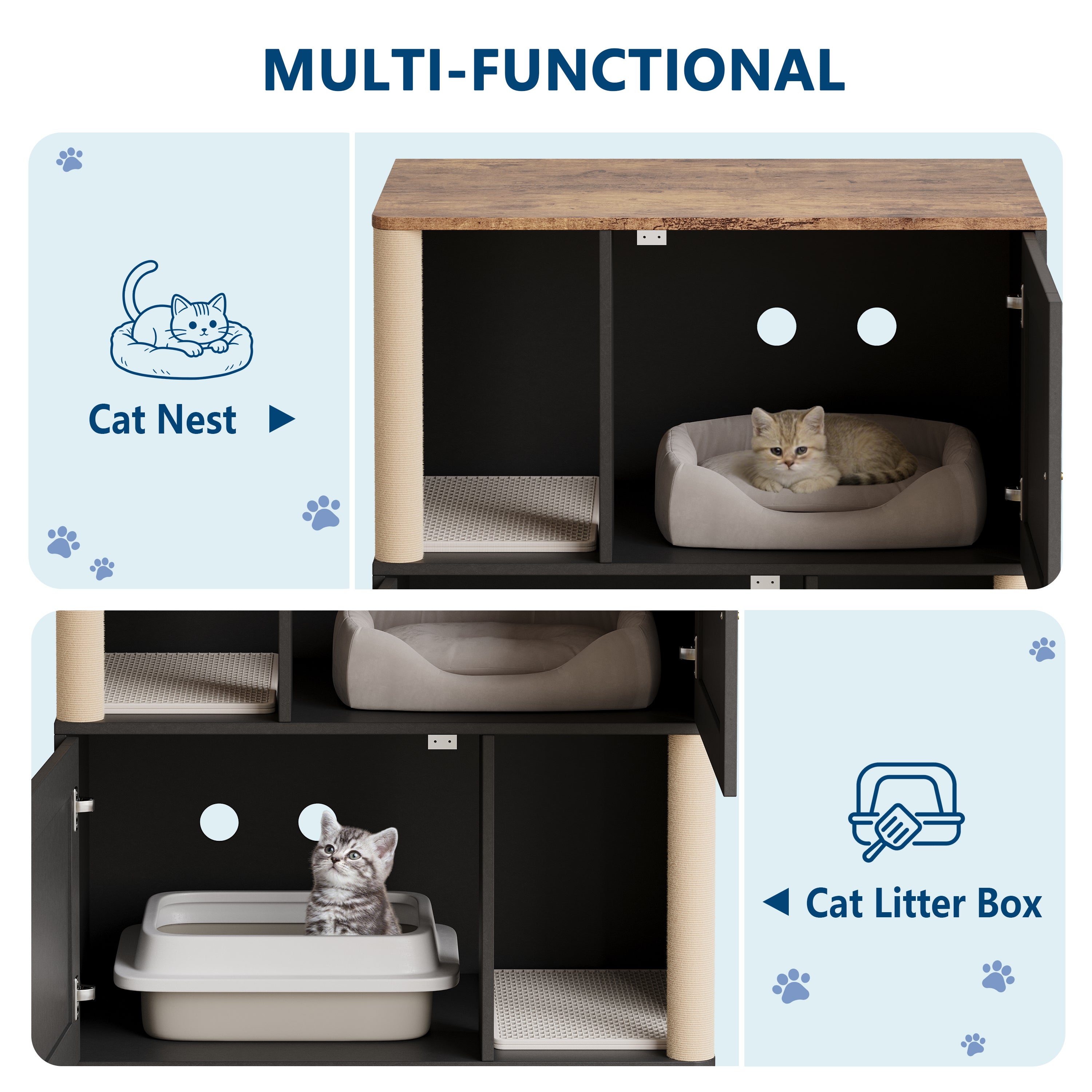 Garvee Double Cat Litter Box Enclosure Furniture for 2 Cats – 2-Tier Modern Wooden Cabinet with Hidden Litter, Sisal Marking Posts, Dual Mats, Odor Control, End Table Storage – Grooved Black Door