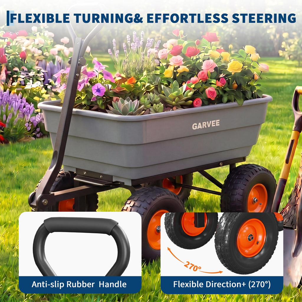 Garvee 1200 lb Heavy-Duty Poly Garden Dump Cart, Utility Wagon with Quick-Release Dump System, 13" Flat-Free All-Terrain Wheels, 270° Towable Handle, Reinforced Steel Frame for Yard, Soil, Rocks & Landscaping, Gray/Orange