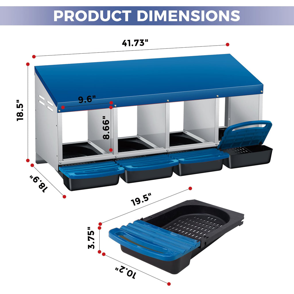 Garvee 4-Compartment Galvanized Steel Chicken Nesting Box – Roll-Away Tray & Support Stand, Blue