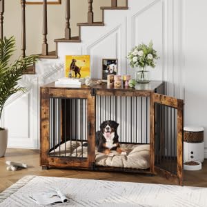 Garvee Rustic Farmhouse Dog Crate Furniture - Large Indoor Wooden & Metal Kennel Table with 3 Doors - Heavy Duty, Multi-Use Pet House for Small, Medium & Large Dogs - Brown, Large