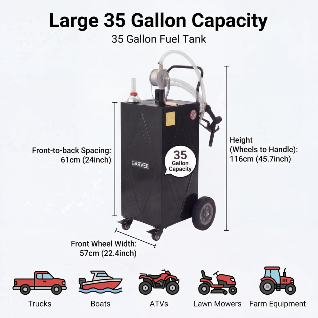 Garvee 35 Gallon Heavy Duty Portable Fuel Caddy – Manual Rotary Pump, Steel Gasoline & Fuel Transfer Tank, Reinforced 4 All-Terrain Wheels, Mobile Storage for Trucks, Boats, ATVs, Lawn Mowers, Farm Equipment – Reinforced 4-wheel design - Black - Li Junjie