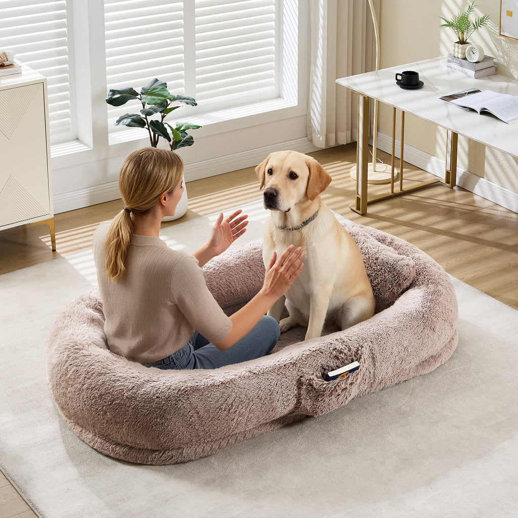 Garvee Orthopedic Soft Faux Fur Human Dog Bed for Adults & Pets – Large 67"x43"x8" Lounger, Removable Pillow, Side Pocket, Handle, Washable Cover, No Assembly, Bean Bag Style, Light Brown