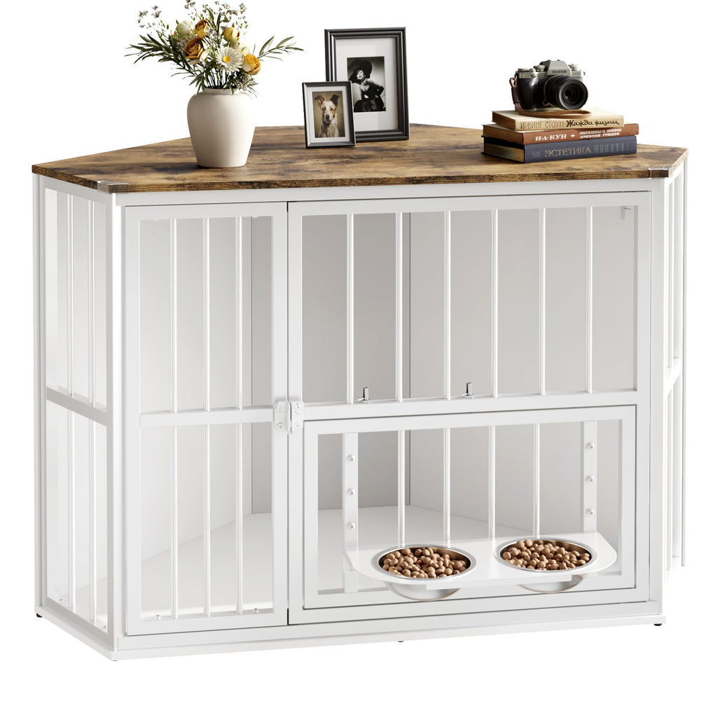 Garvee Space-Saving Corner Dog Crate Furniture – Wooden Indoor Kennel End Table with 360° Rotating Door, Stainless Steel Feeding Bowls, Decorative Design for Small Dogs, White, Classic + White Relief + White Iron Frame
