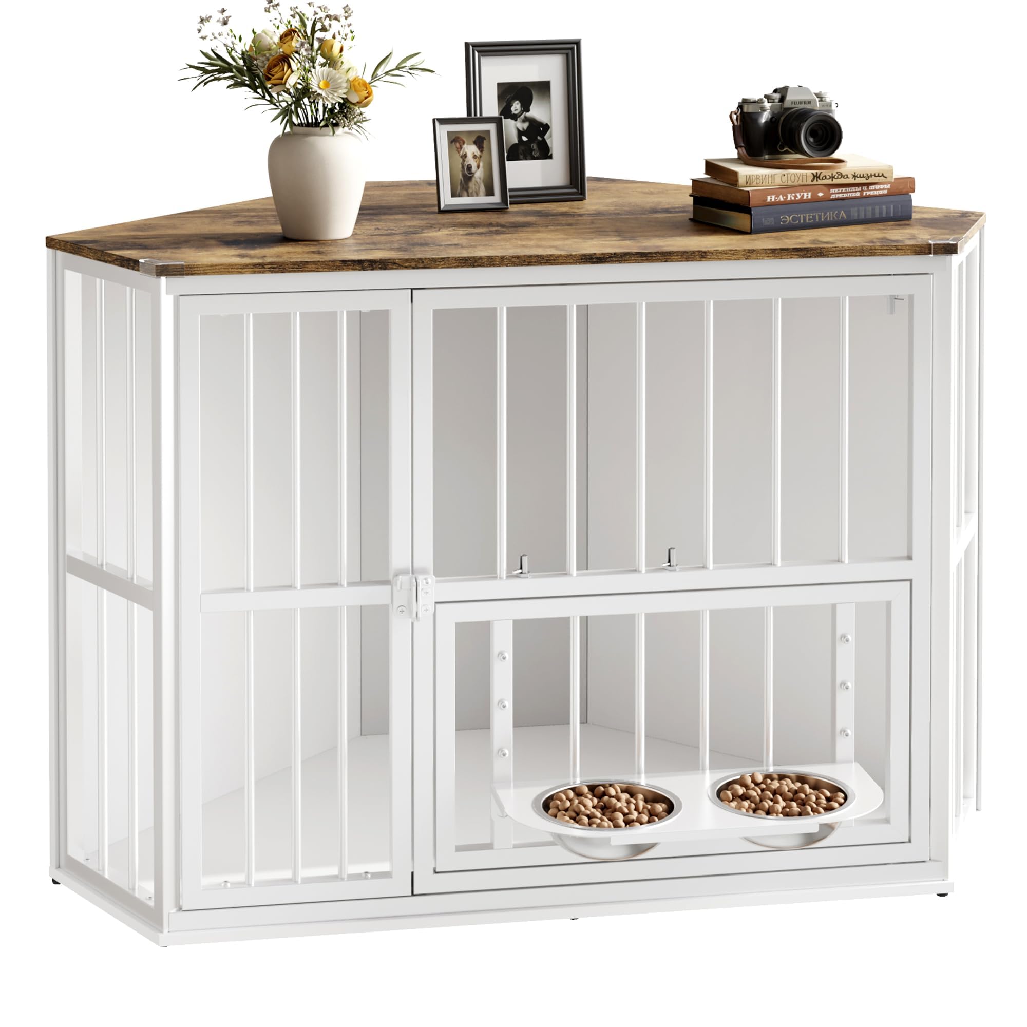 Garvee Space-Saving Corner Dog Crate Furniture – Wooden Indoor Kennel End Table with 360° Rotating Door, Stainless Steel Feeding Bowls, Decorative Design for Small Dogs, White, Classic + White Relief + White Iron Frame
