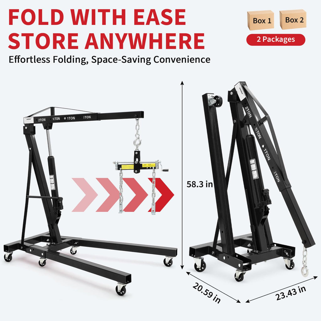 Garvee 2 Ton Folding Hydraulic Engine Hoist with Load Leveler – Heavy Duty Cherry Picker Crane – 4400 lbs Capacity – Adjustable Telescopic Boom – 6 Swivel Wheels – Automotive Repair, Garage, Workshop – Black with Sound Controller