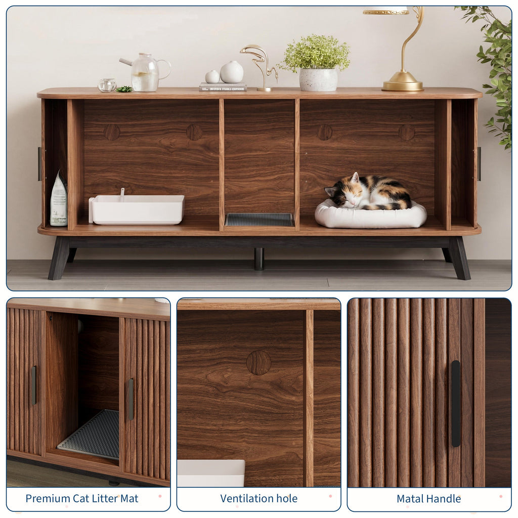 Garvee Multi-Functional Cat Litter Box Enclosure for 2 Cats, 59" Large Wooden Pet House - Hidden Litter Box Furniture - Sliding Door Access - Cat Litter Mat Included - TV Stand Side Table - Color: Walnut