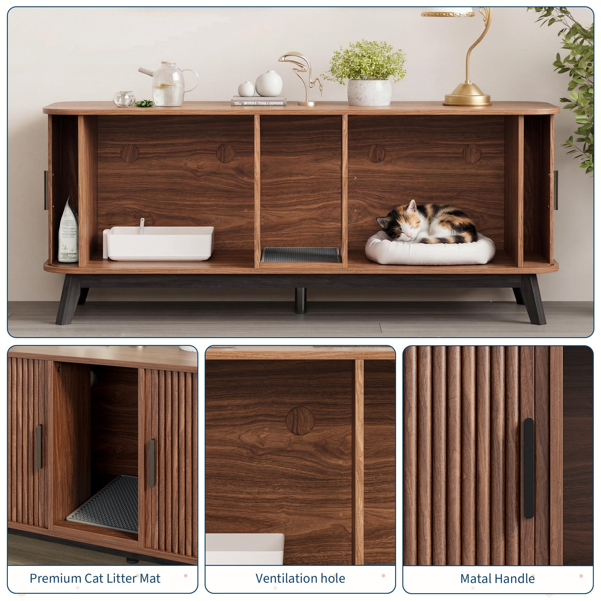 Garvee Multi-Functional Cat Litter Box Enclosure for 2 Cats, 59" Large Wooden Pet House - Hidden Litter Box Furniture - Sliding Door Access - Cat Litter Mat Included - TV Stand Side Table - Color: Walnut