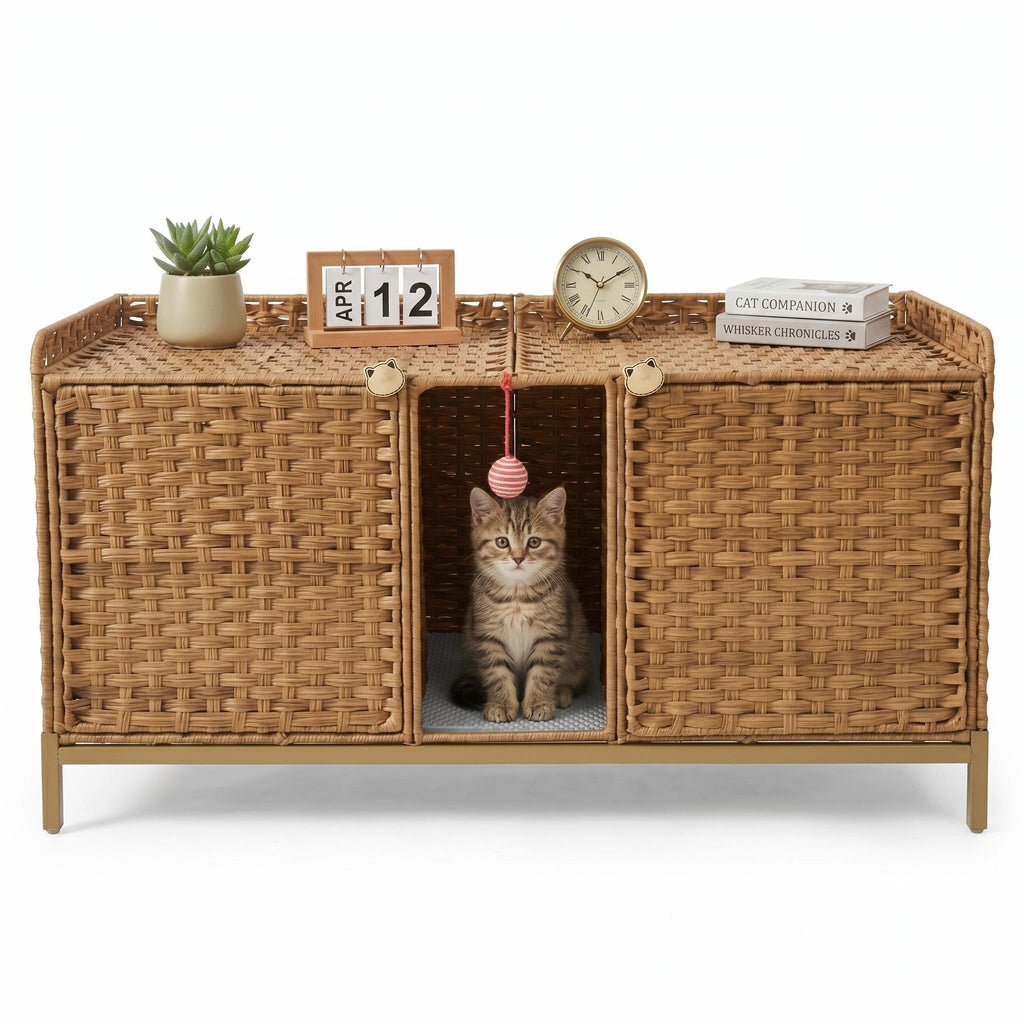 Garvee Handwoven Rattan Cat Litter Box Enclosure - Hidden Cat Washroom Cabinet with Door & S-Shaped Hooks - Large Spacious Cat Furniture for Living Room or Bedroom - Natural Color