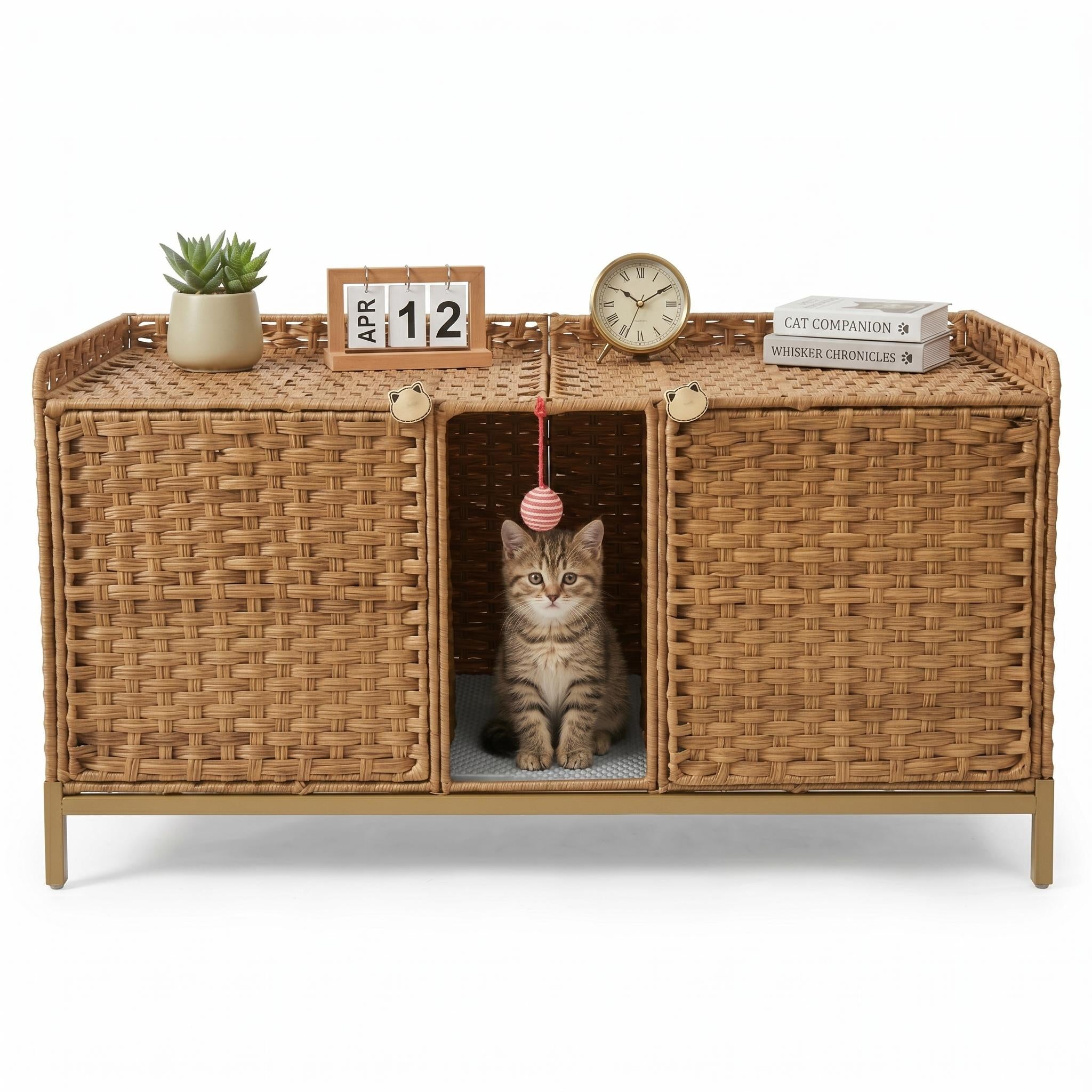 Garvee Handwoven Rattan Cat Litter Box Enclosure - Hidden Cat Washroom Cabinet with Door & S-Shaped Hooks - Large Spacious Cat Furniture for Living Room or Bedroom - Natural Color