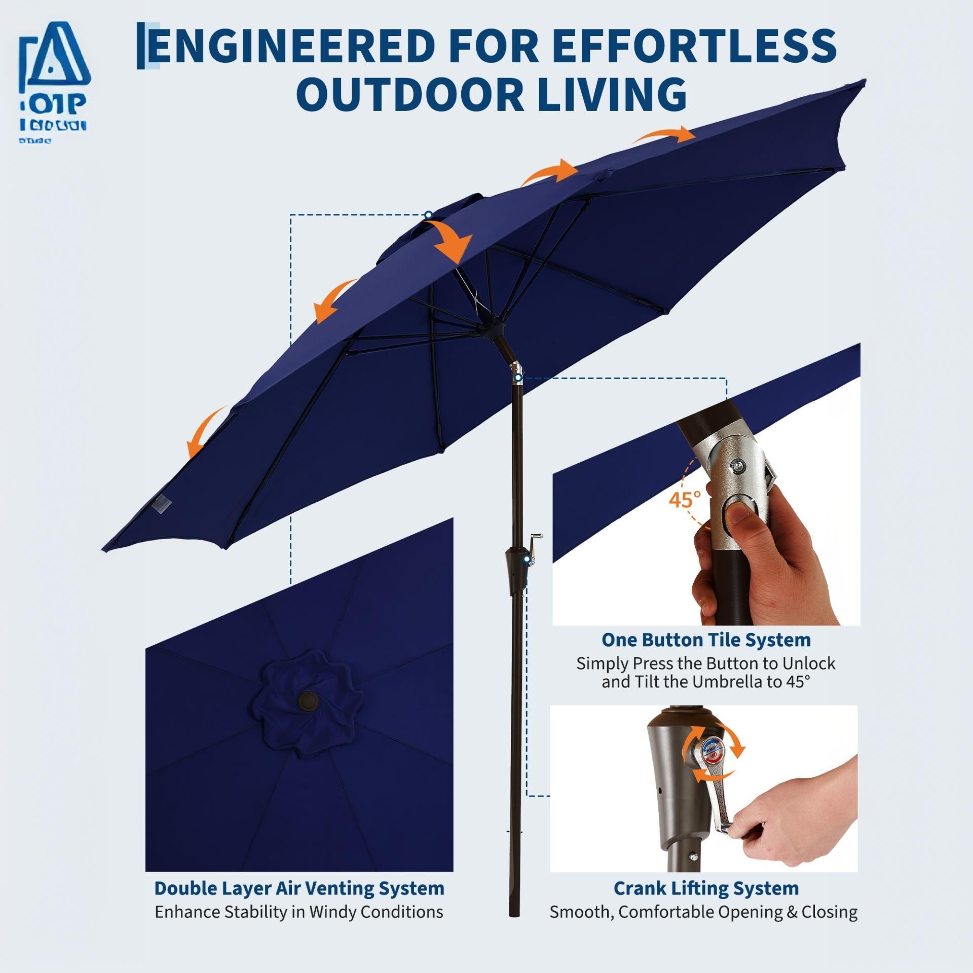 Garvee 10FT Outdoor Patio Umbrella, Outdoor Table Umbrella with Push Button Tilt and Crank, Market Umbrella with 8 Sturdy Ribs, UV Protection Waterproof for Garden Backyard Deck Pool, Navy Blue