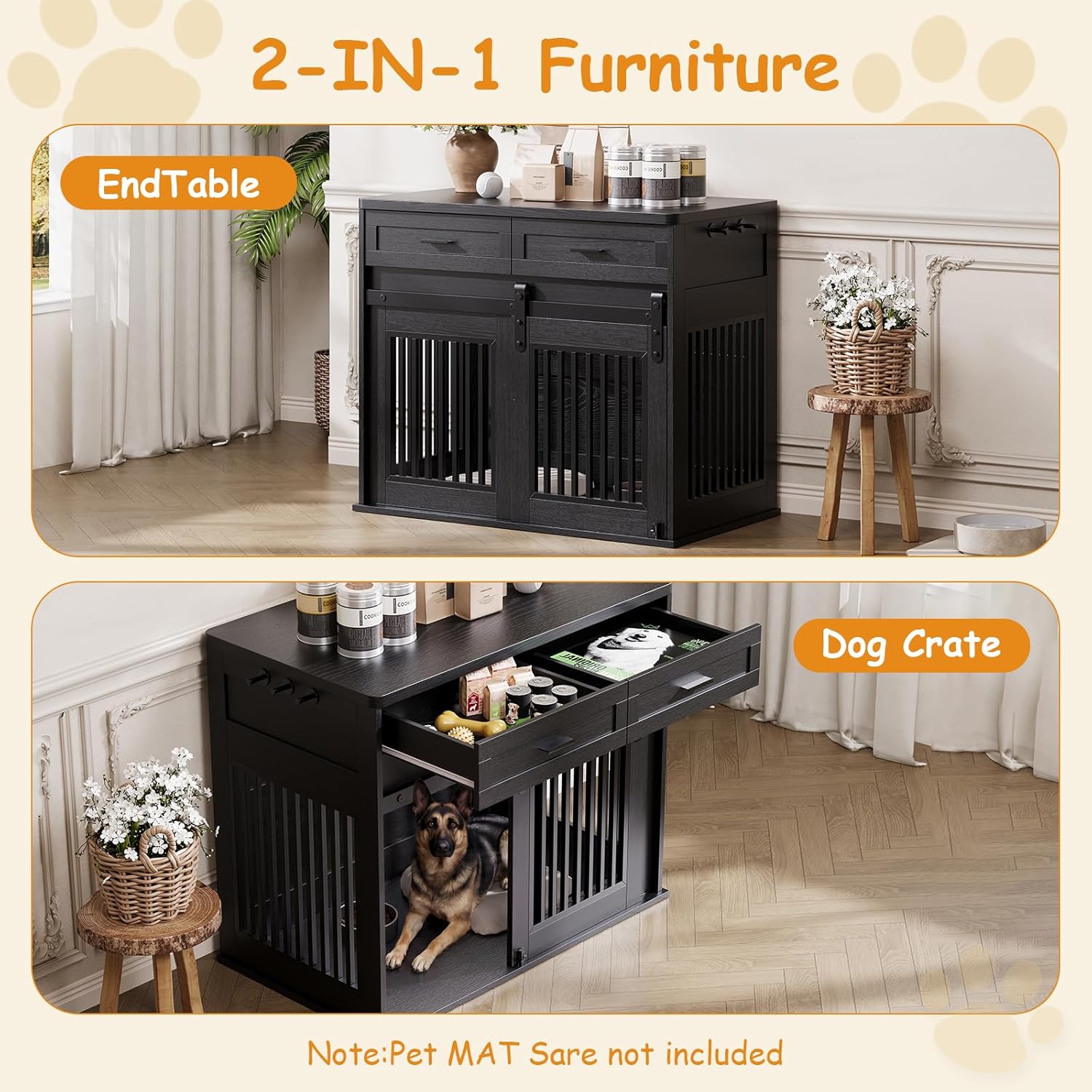 Garvee Heavy Duty Wooden Dog Crate Furniture with Sliding Barn Door and 2 Storage Drawers, Indoor Dog Kennel End Table with Hook, Farmhouse Style Dog Crates for Medium/Large Dogs, Black