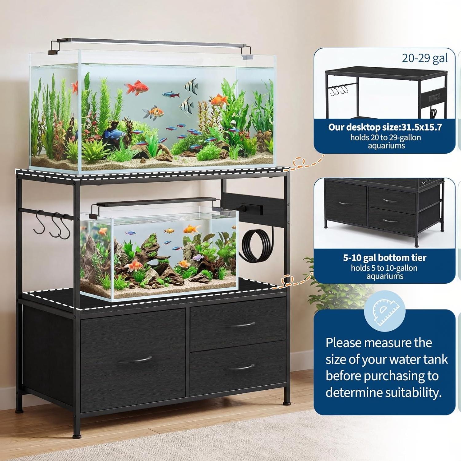Garvee 20-29 Gallon Fish Tank Stand, Metal Double Aquarium Stand with Cabinet, Heavy Duty Reptile Terrarium Stand for Home Office Fish Tank Shelf, 330LBS Capacity, Black