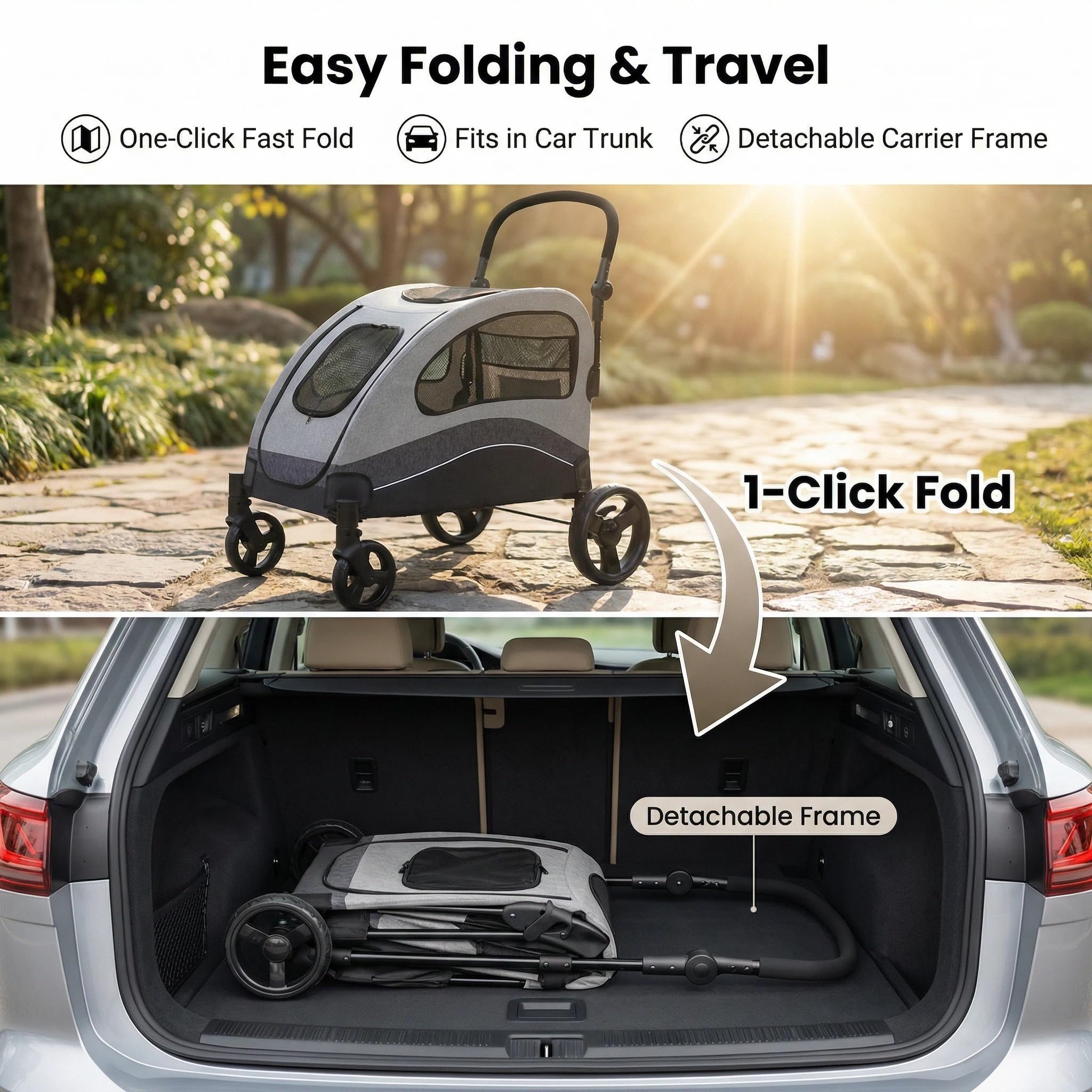 Garvee Foldable Dog Stroller, Large Dog Carrier with 360° Wheels, Adjustable Handle & Storage Pocket, Portable Puppy Travel Strollers, Pet Wagon for Large Dogs, 135 Lbs Capacity, Black
