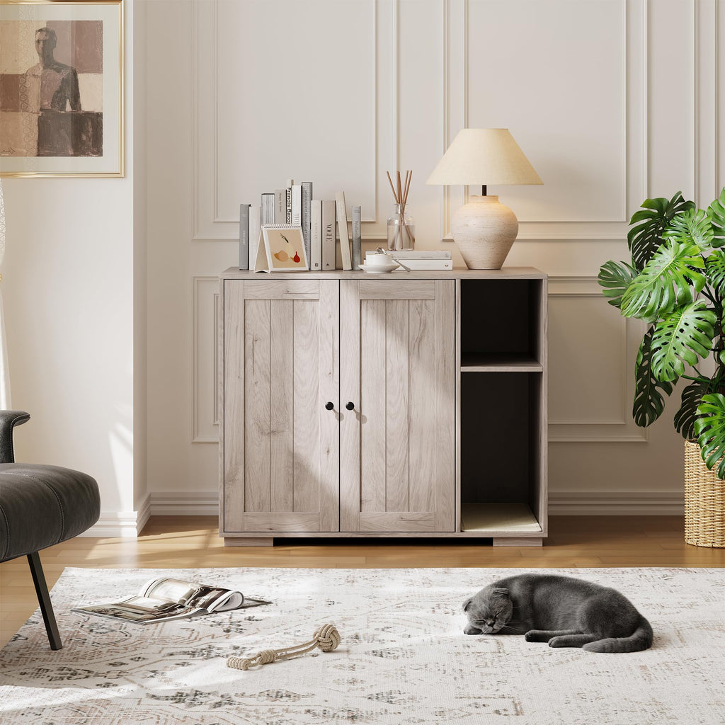 Garvee Dog-Proof Large Cat Litter Box Enclosure with Scratch Pad, Automatic Cleaning, Power Outlet, Wood Material, Dog-Proof Shelf, Spacious Design, Home Use