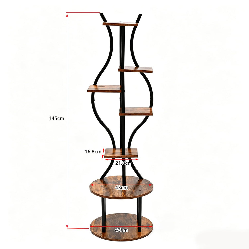 Garvee 57-Inch 7-Tier Plant Stand, Tall Metal Corner Plant Shelf with Wood-Look Shelves, Adjustable Feet and Anti-Tip Straps for Living Room, Balcony and Covered Patio, Black/Wood