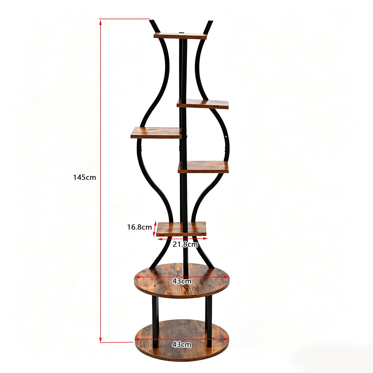 Garvee 57-Inch 7-Tier Plant Stand, Tall Metal Corner Plant Shelf with Wood-Look Shelves, Adjustable Feet and Anti-Tip Straps for Living Room, Balcony and Covered Patio, Black/Wood