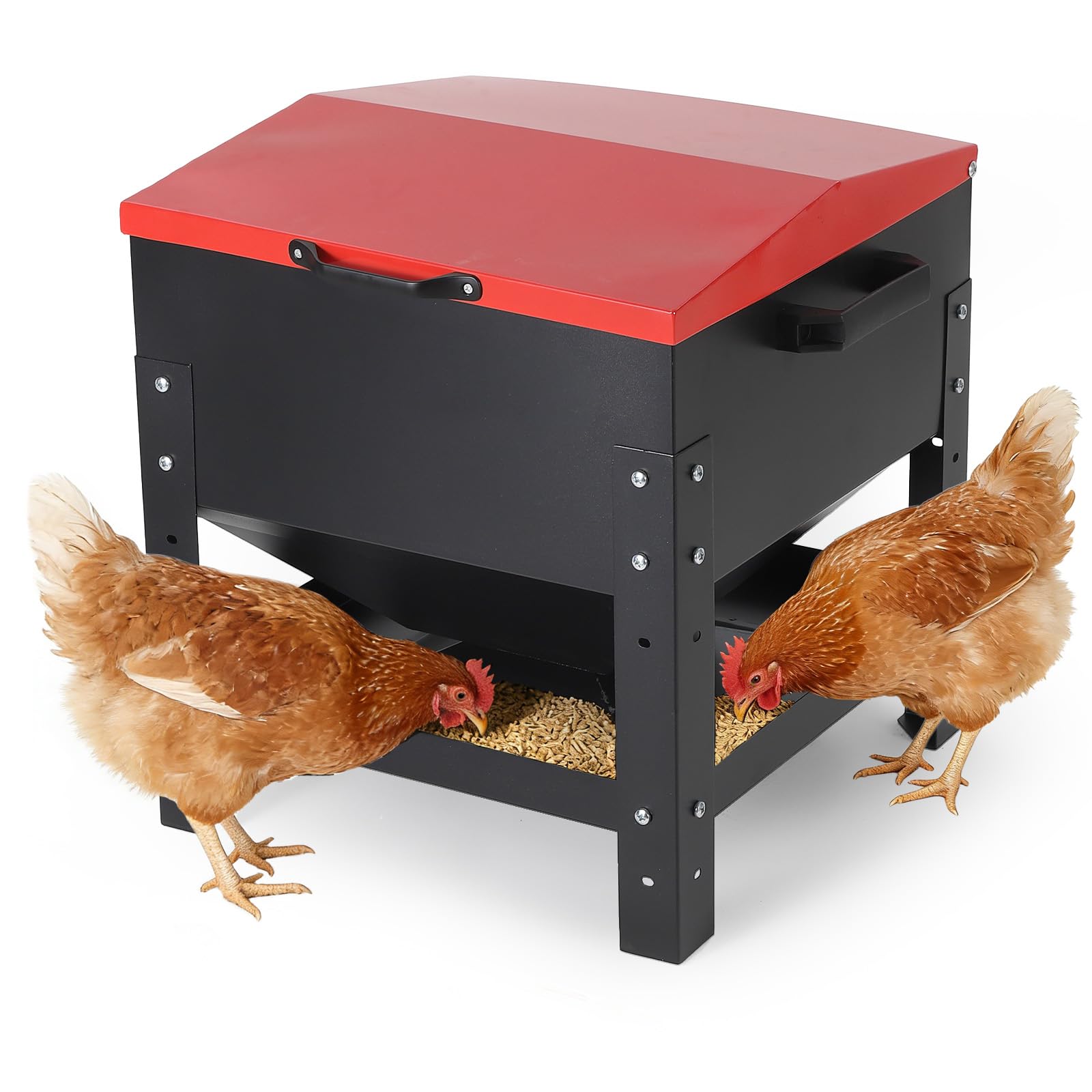 Garvee Metal Chicken Feeding Box, 80 lbs Large Capacity, Portable Galvanized Steel Feeder, Waterproof Lid, No Waste Automatic Poultry Feeder for Ducks, Hens and Roosters, Standing for Chicken Coop, Red