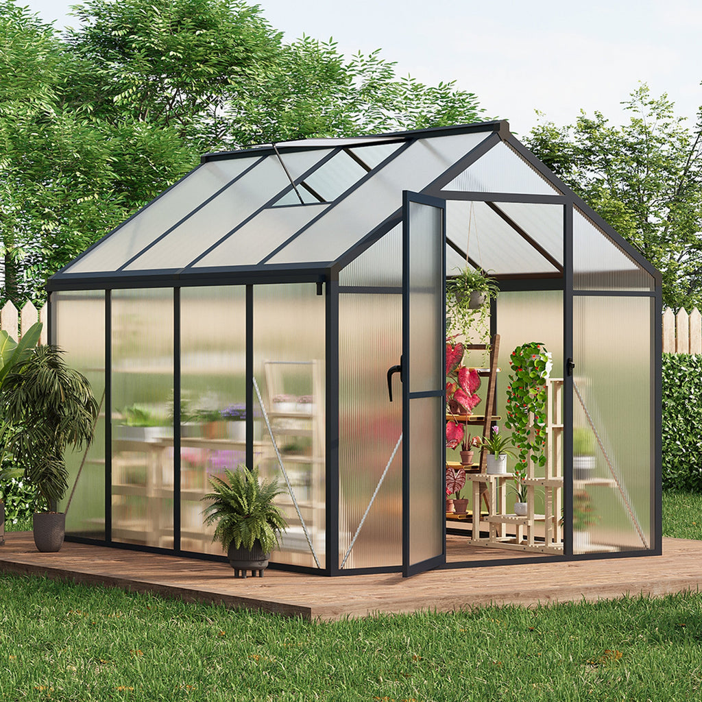 Garvee  6x8 FT Polycarbonate Greenhouse Gazebo – Walk-In Outdoor Garden Structure – Robust Aluminum Frame – Upgraded Sliding Door, Adjustable Roof Vent, Lockable Handle – For Patio, Backyard, Lawn – 6x8 Sliding Door, Dark Gray (Upgraded Handle
