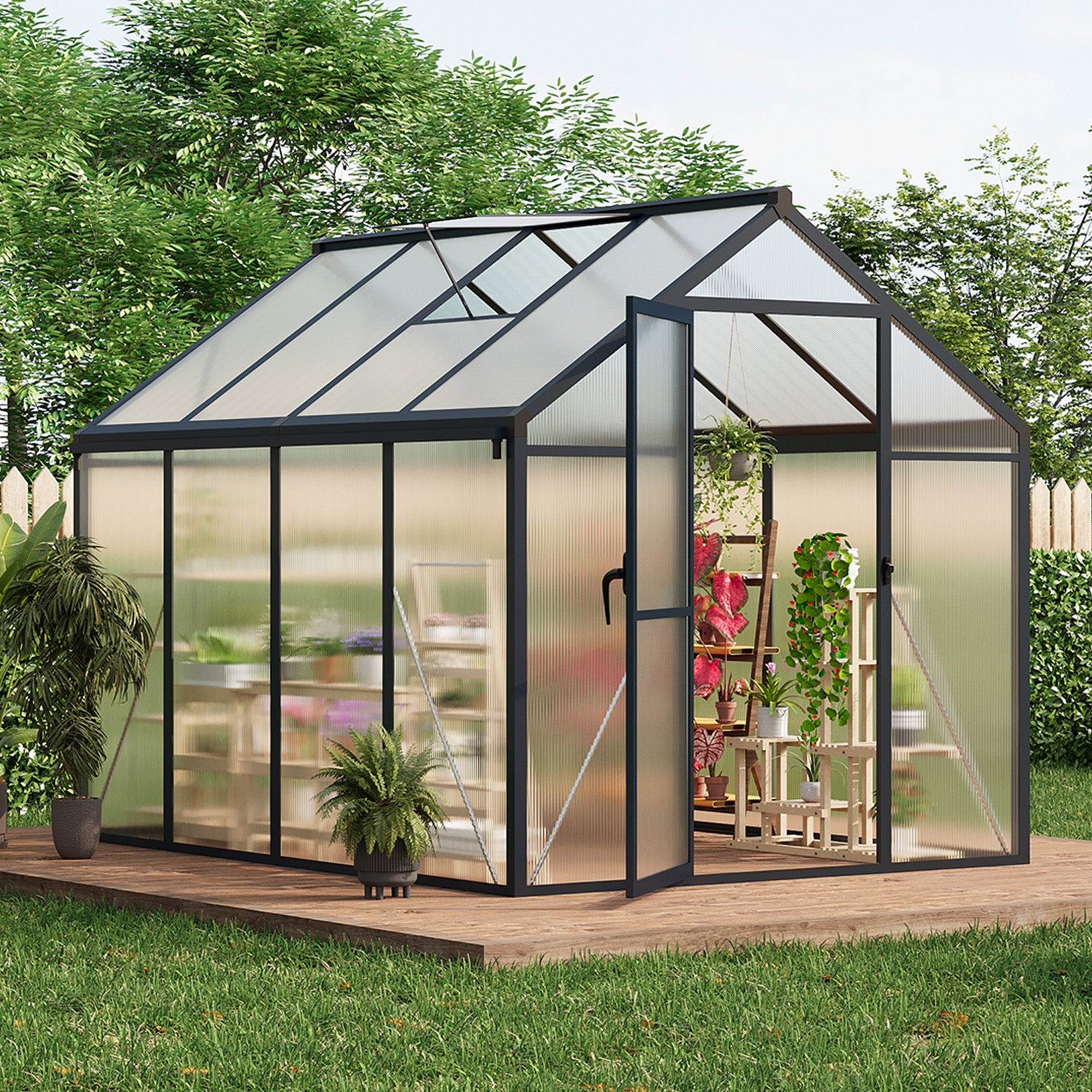 Garvee  6x8 FT Polycarbonate Greenhouse Gazebo – Walk-In Outdoor Garden Structure – Robust Aluminum Frame – Upgraded Sliding Door, Adjustable Roof Vent, Lockable Handle – For Patio, Backyard, Lawn – 6x8 Sliding Door, Dark Gray (Upgraded Handle