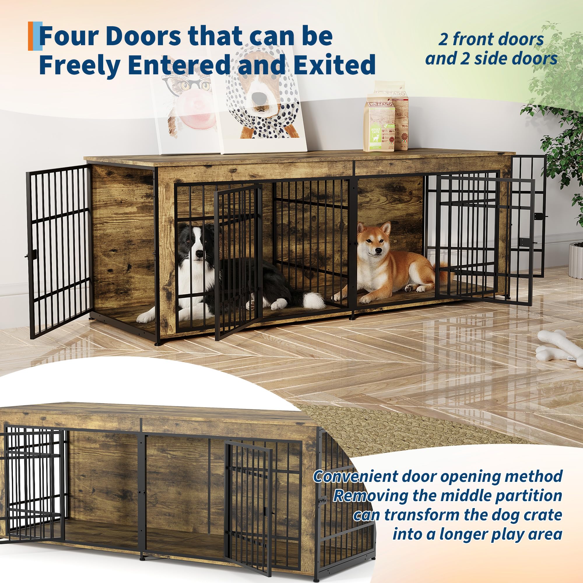 Garvee Heavy Duty Wooden Dog House Furniture – Large Kennel with Divider, 4 Doors, Storage, End Table Design, Adjustable Feet, Vintage Brown, 6.6ft