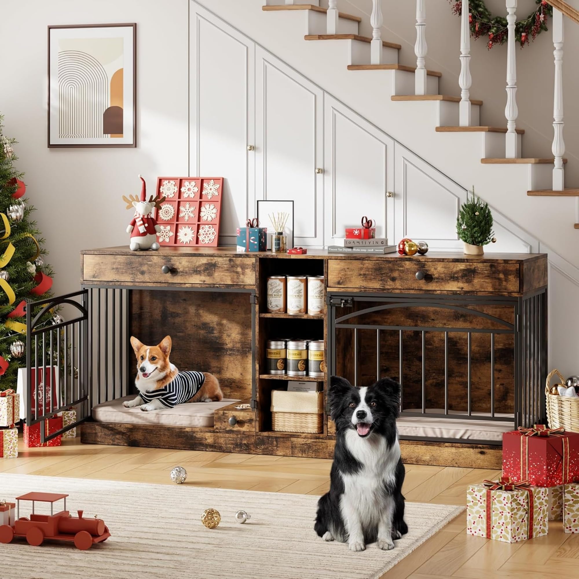 Garvee Dog Crate Furniture for 2 Dogs, 78.7" Large Dog Kennel Indoor with 2 Storage Drawers, 3 Shelves and Feeding Bowls, Double Dog Crate TV Stand for Small and Medium Dogs, Brown