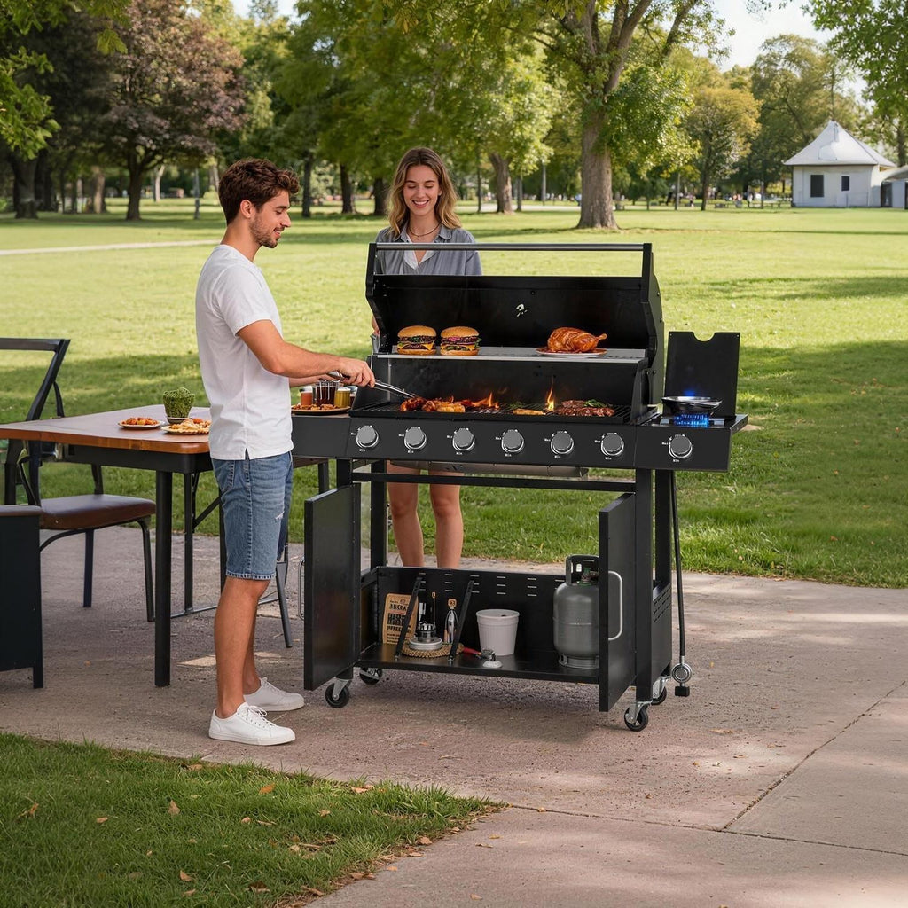 Garvee Superior 6-Disposable Outdoor Gas Grill – Stainless Steel & Cast Iron – Side Disposable – Large Warming Rack – Storage Cabinet – Heavy-Duty BBQ for Patio, Backyard, Family Gatherings –