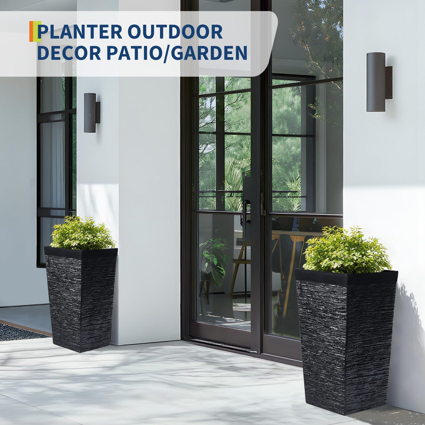 Garvee Self-Watering Tall Planters for Porch and Patio, 2-Pack 22.5-Inch Black Plastic Pots with 2 Water Gauges and Removable Trays