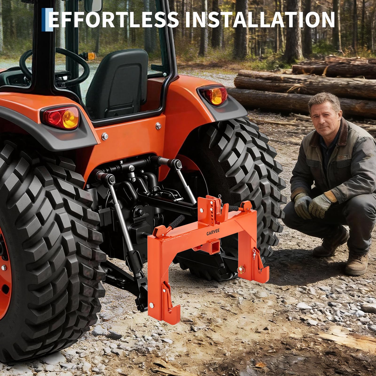 Garvee Heavy-Duty Category 1 3-Point Quick Hitch for Tractor, 3000 lbs Lift Capacity with Built-In 2" Receiver, 5-Level Bolt-On Adjustable Top Hook Tractor Attachment, No Bushing Required, Orange (24" x 24")