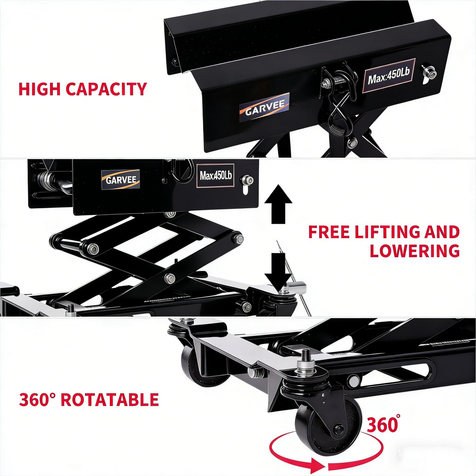 Garvee 450 lbs Transmission Jack - Low-Profile 7"-23" Lift, Heavy-Duty Steel Design with Safety Straps and 4 Swivel Wheels for Garage Use, Black