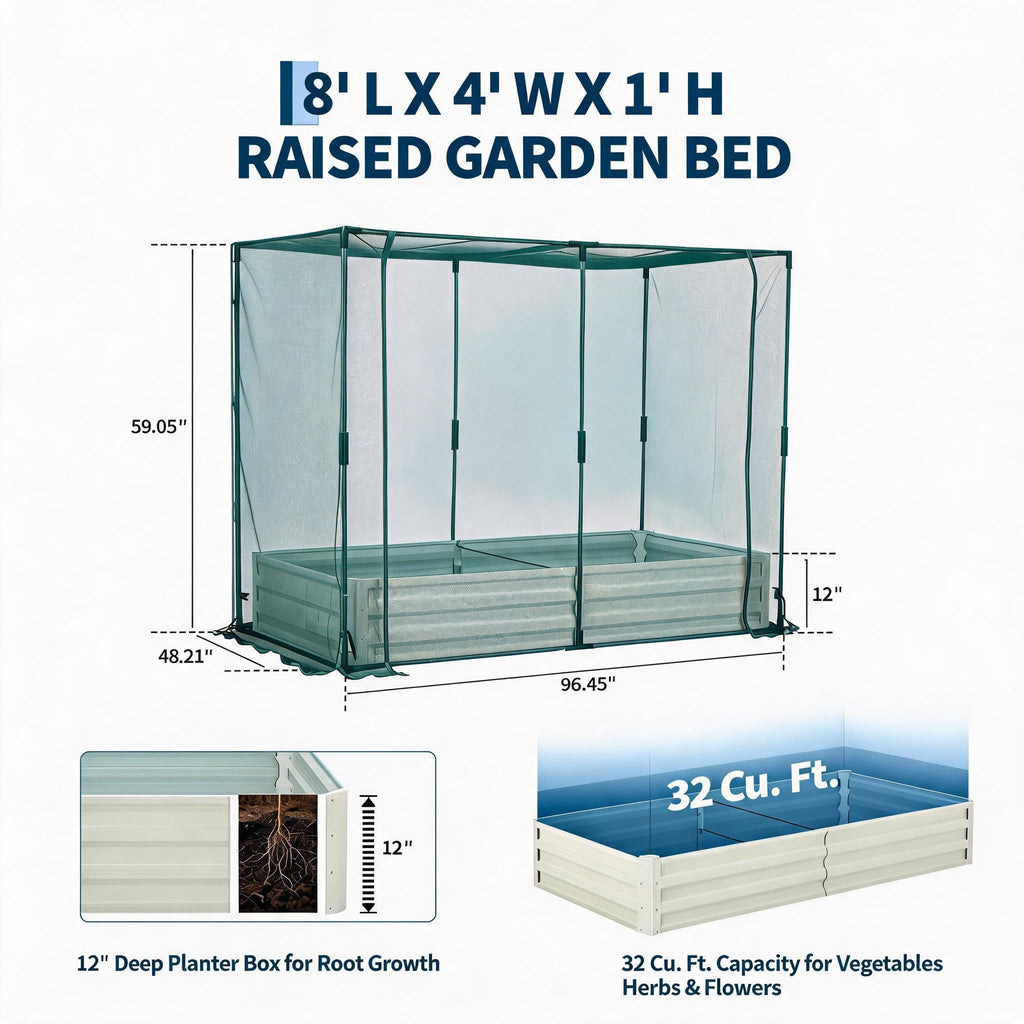 Garvee Self-Watering Raised Garden Beds for Vegetables and Herbs, 4-Pack 8 × 4 × 1 FT Galvanized Steel Planters with Mesh Covers, Light Beige