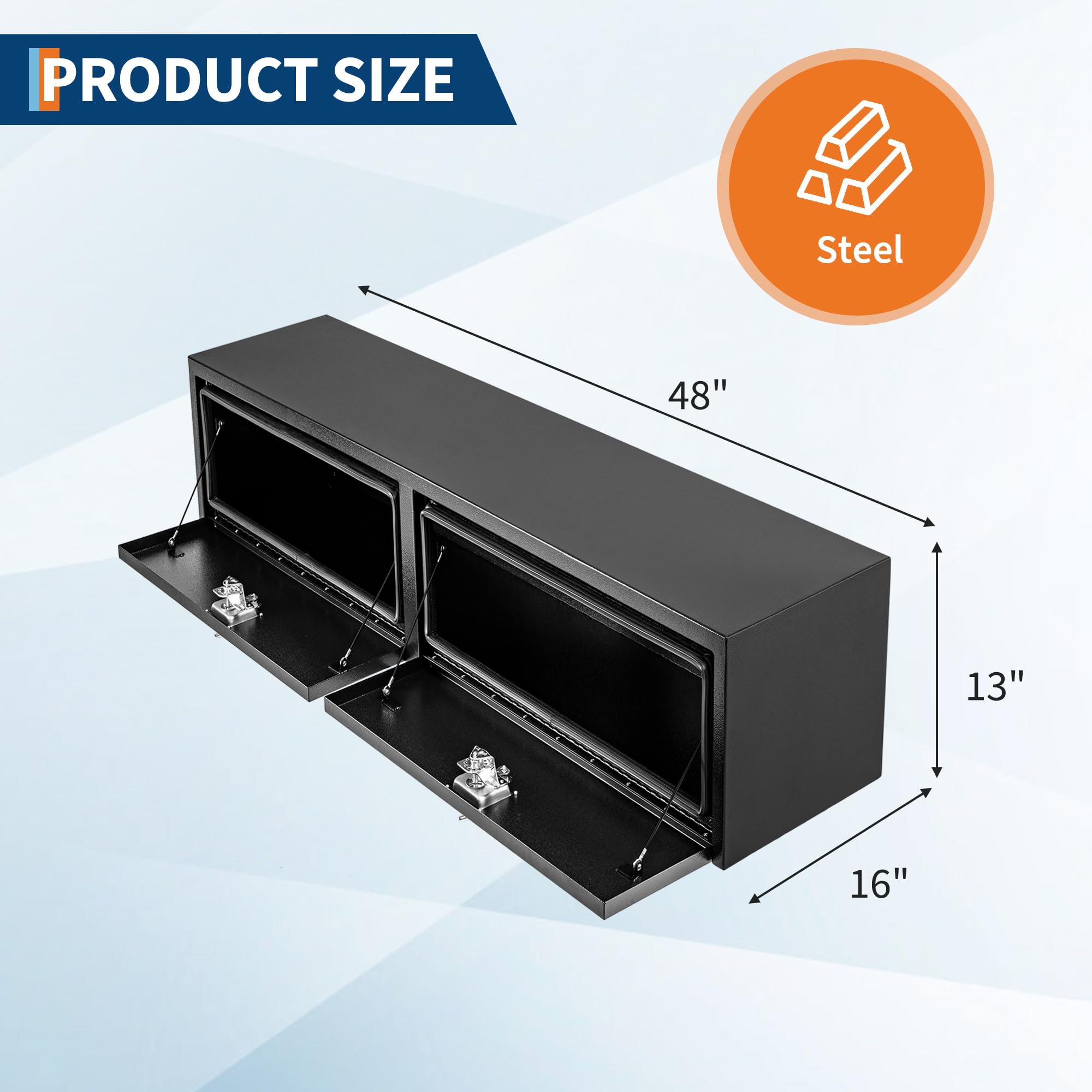 Garvee 48"X16"X13" Heavy Duty Steel Underbody Truck Tool Box, T-Handle Lock, Waterproof Storage Chest for Pickup Truck, RV, Trailer, Durable Metal Toolbox – Black Orange Grain Spray Plastic, Size: L48 x W16 x H13 inches, Underbody Tool Box